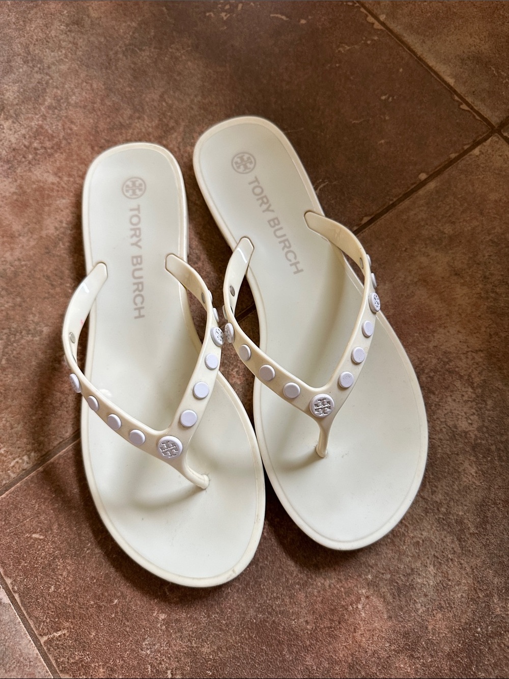 Tory Burch Ivory Studded Logo Flip Flop Sandals